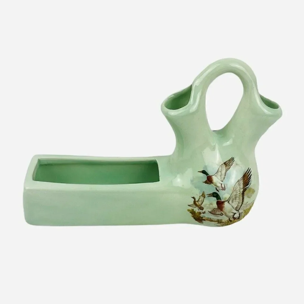 RARE VTG Green Double Opening Spout Bud Vase Planter Geese Mallard Duck Signed